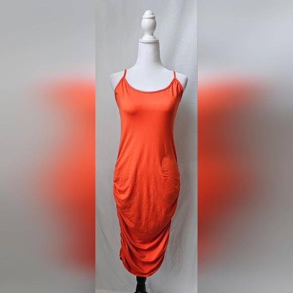 Large MadRag Orange Ruched Bodycon Midi Dress - Picture 1 of 4